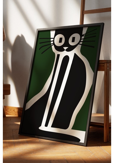 Kedi Cat Dekoratif Yeşil Poster Tablo Siyah Çerçeveli
