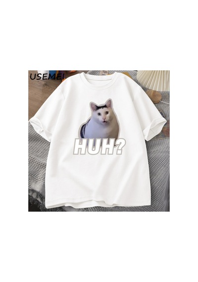 Huh Kedi Meme T Shirt Komik Sevimli Kedi Grafik T Shirt Unisex Moda T-shirt Yaz Çiftler Rahat 2798 Beyaz