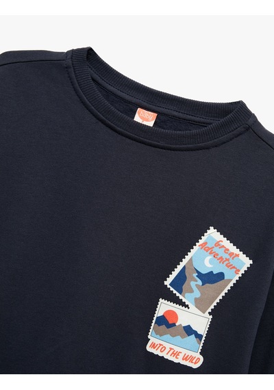 Koton Uzun Kollu Bisiklet Yaka Baskılı Pamuklu Sweatshirt Lacivert 6wmb10036tk Lacivert