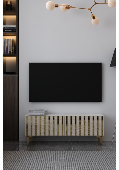 120dhdts6bta Aden Pleksi Desenli Tv Sehpası Beyaz-traverten-altın