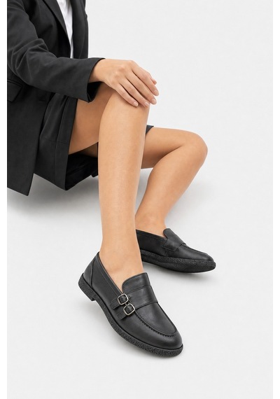Luvi Shoes Daly Siyah Cilt Hakiki Deri Tokalı Kadın Loafer Ayakkabı