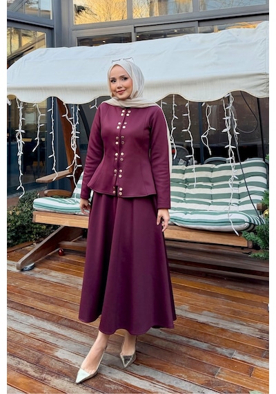 Riella Butik Düğme Detaylı Scuba Tesettür Takım Bordo