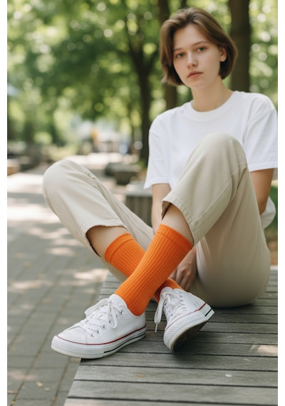 Socks Stores 6 Çift Unisex Renkli Pamuklu Soket Çorap - Renkli Tenis Boy Çorap Turuncu