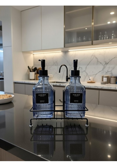 Modern Çizgili - Kabartmalı Cam İkili Sıvı Sabunluk & Deterjanlık Seti - 500ml Standlı Mutfak Ve Banyo Organizeri Mavi