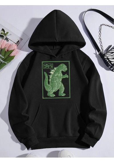 Startmore Unisex Oversize Kapüşonlu Kanguru Cepli Goodzila Baskılı Siyah Siyah