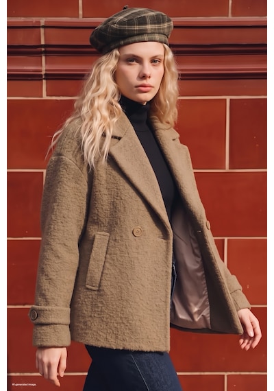 Sateen Dokulu Buklet Kısa Kaban - Camel-138027