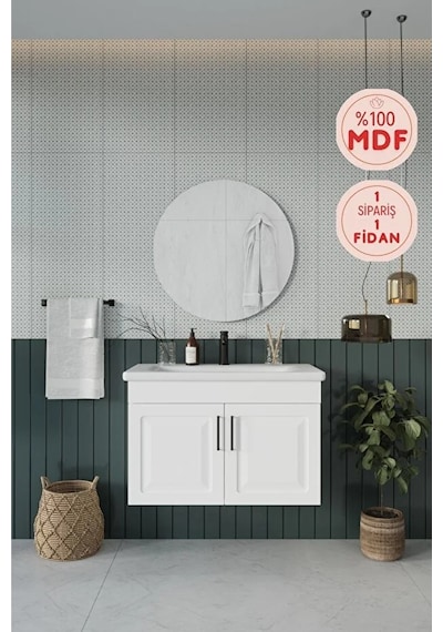 Reyhan 80 Cm %100 Mdf Lavabolu Banyo Dolabı + Ayna Beyaz