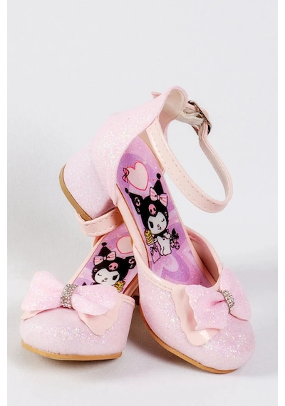 Nese Shoes Kız Çocuk Karakter Baskılı Topuklu Ayakkabı, Simli Fiyonklu Abiye Ayakkabı Pembe