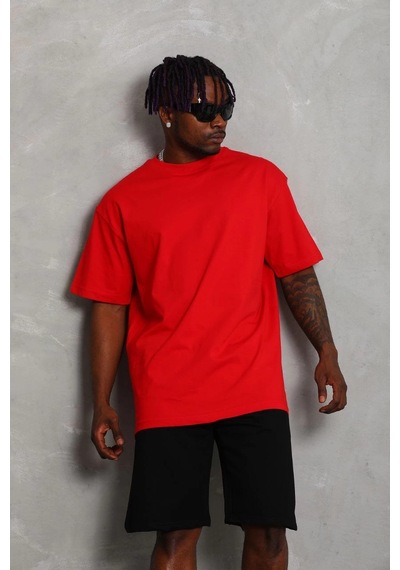 Oversize Düz Bisiklet Yaka T-shirt - Kırmızı - -Çok Renkli
