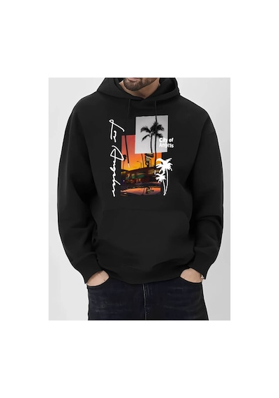 Medinenur Los Angeles Baskılı Kapüşonlu Sweatshirt Siyah