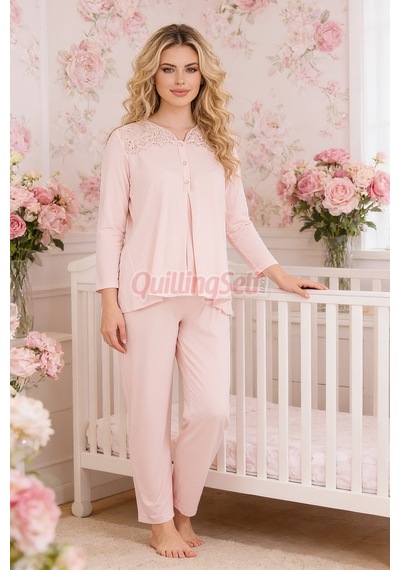Lady Bebe Pembe Renkli Dantel Detaylı, 33201 Uzun Kol, 2 Parça Lohusa Hamile Pijama Takımı Açık Pembe