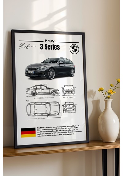 Bmw 3 Serisi Tablo - Teknik Özellikli Alman Lüks Sedan Poster - Çerçeveli Duvar Dekoru - Blueprint Siyah