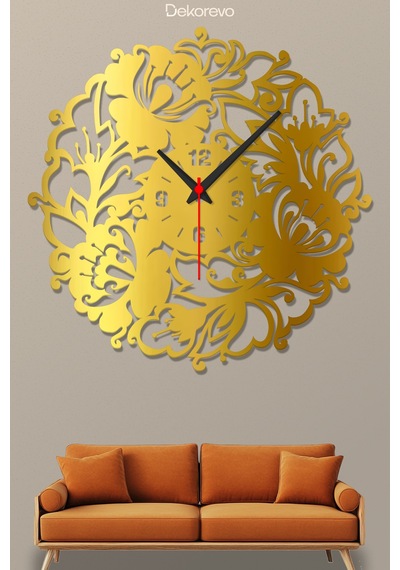 Çiçek Desenli Dekoratif Metal Duvar Saati - Altın - 75 X 75 Cm