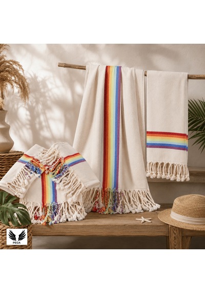 Pega 2'li Set Rainbow Peştamal 90x170 Cm&peşkir 45x90 Cm %100 Koton Gökkuşağı Plaj&el/baş Havlusu Gökkuşağı