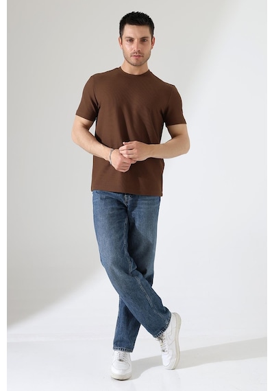 Erkek Fitilli Slim Fit Bisiklet Yaka Düz Renk T-shirt Kahverengi