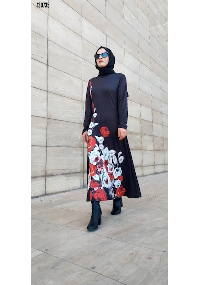 Moda Kadın Tesettür Bisiklet Yaka Çiçekli Uzun Kollu Mikro Midielbise Siyah