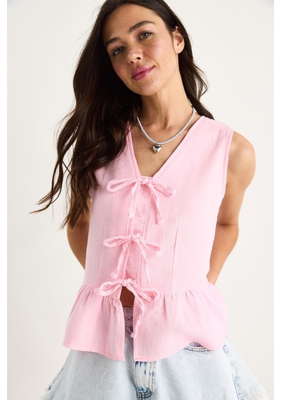 Shade Kadın V Yaka Fiyonk Detaylı Müslin Peplum Bluz G28-4883 60283356 - Pembe