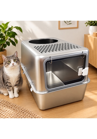 Techtic Paslanmaz Metal Kedi Tuvaleti Metal Kum Kabı Çift Girişli Kapalı Kedi-evcil Hayvan Tuvaleti