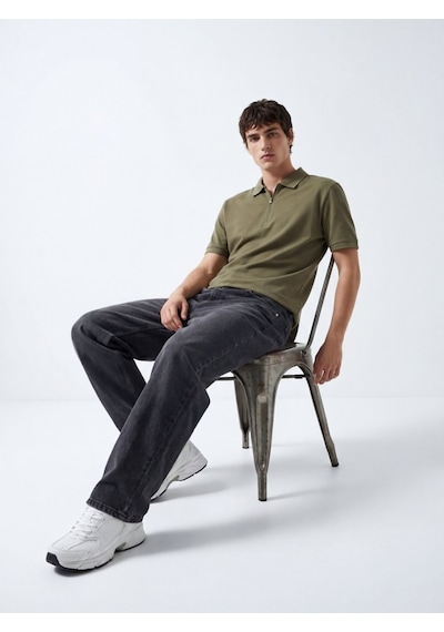 LTB Fermuarlı Pike Polo Yaka Yeşil T-shırt