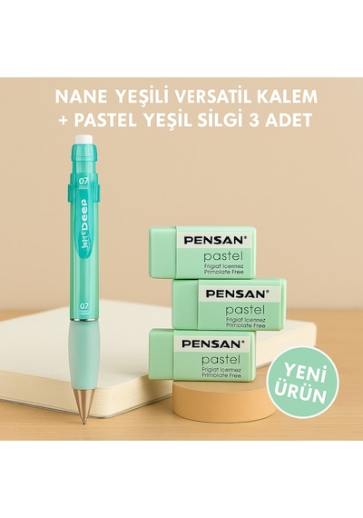 Nane Yeşili Versatil Kalem + Pastel Yeşil Silgi 3 Adet Nane Yeşili