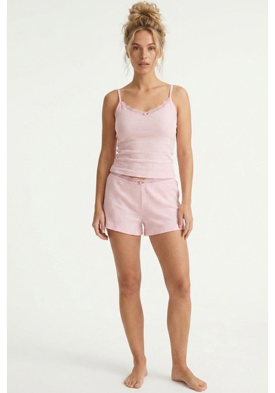 Siyah İnci Bürümcük-krınkıl İp Askılı Şortlu Pijama Takım 8060 Pembe