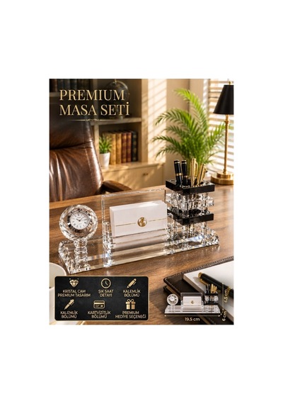 Premium Hediye Ofis Kristal Cam Saatli Kalemlik Kartvizitlik Yönetici Masaüstü Organizer Seti Siyah Çok Renkli