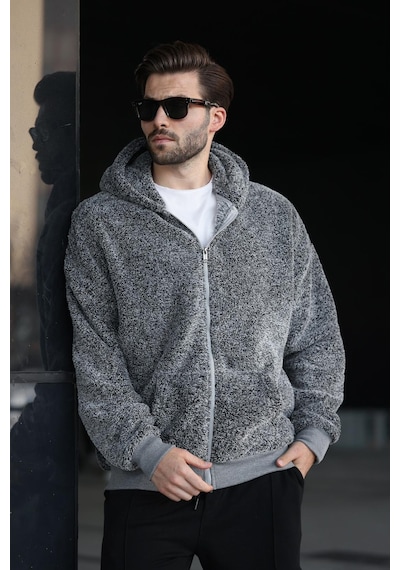 Madmext Gri Peluş Over Fit Kapüşonlu Fermuarlı Erkek Sweatshirt 6049 Gri