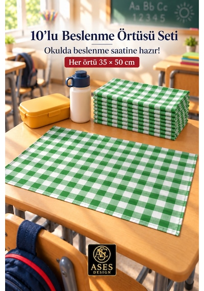 10 Lu Yıkanabilir Beslenme Örtüsü 35x50 Cm Yeşil Beyaz Kareli Anaokulu Ve İlkokul