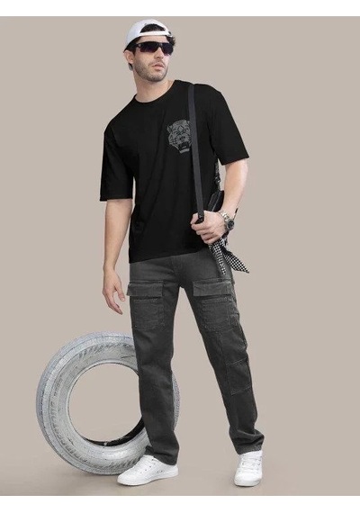 Erkek Kısa Kol Yazlık Tişört Bisiklet Yaka Aslan Baskılı T-shirt - Siyah