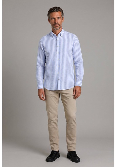 Bisse Mavi Regular Fit Pamuk Keten Uzun Monti Gömlek Gmktn250008 D35
