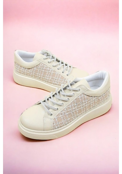 Cilt-Tekstil Garnili Sneakers Bej-Bej