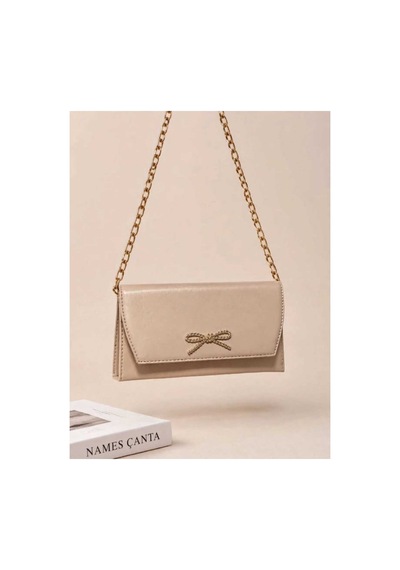Names Bag Fiyonk Taş Detaylı Zincir Askılı 2 Bölmeli Abiye Çanta Krem Krem
