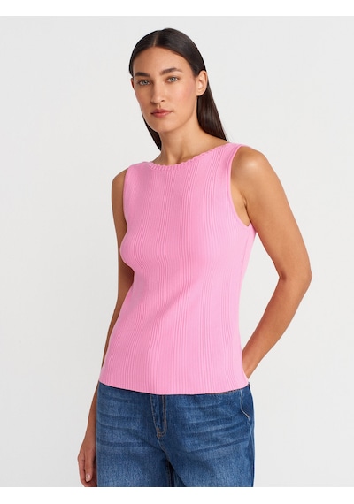 Dilvin 10764 Kayık Yaka Fitilli Triko Bluz-koyu Pembe Koyu Pembe