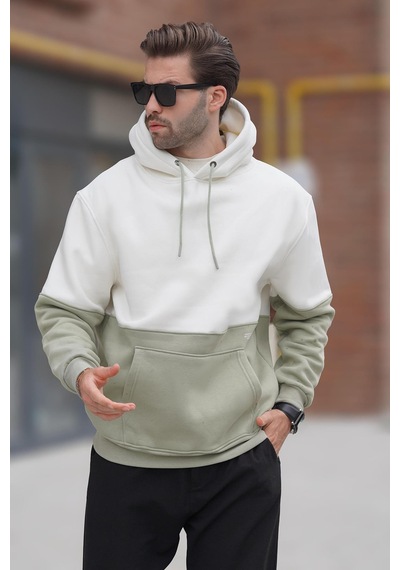 Madmext Ekru Kapüşonlu Renk Bloklu Baskı Detaylı Erkek Sweatshirt 7046