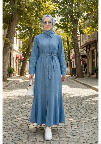 Hb Harma Time Butik Kadın Düğmeli Kuşaklı Açık Kot Mavi Elbise Açık Mavi