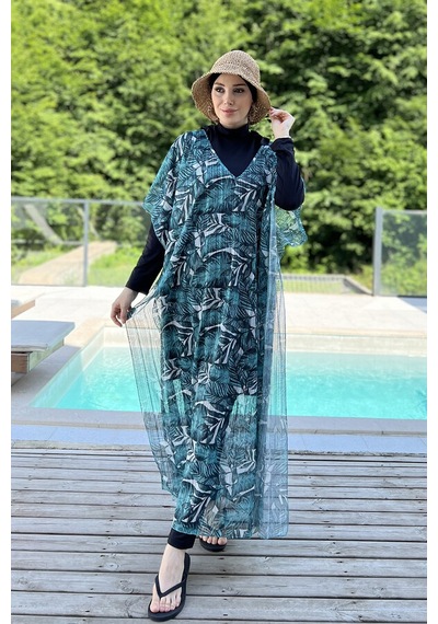 Remsa Tesettür Mayo Üzerine Triko Örme Tek Kaftan Pareo 430-t12 Çizgi Yaprak Ekru