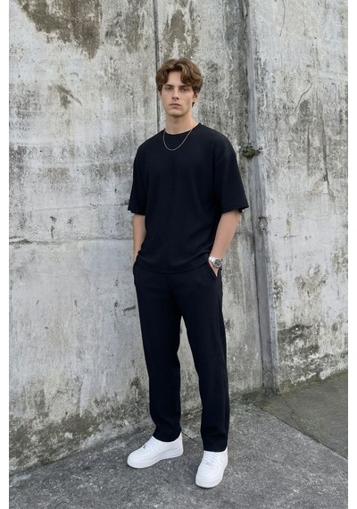 Fitilli Oversize Tişört Siyah