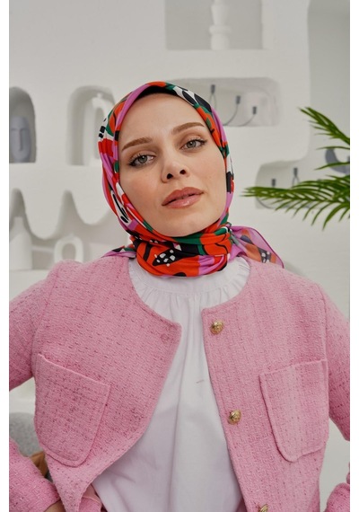 Afvente Yaprak Desen Pembe Soft Pamuk Eşarp