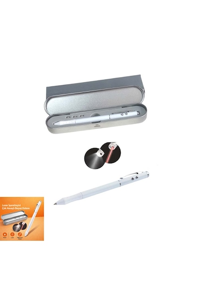 Metal Kutulu Kırmızı Lazerli, Beyaz Led Işıklı Pointer İşaretçi Kalemi Metal Tükenmez Kalem