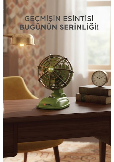 Şarjlı Masaüstü Vantilatör Vintage Retro Tasarım 400 Mah Taşınabilir Masa Fanı F50 Yeşil