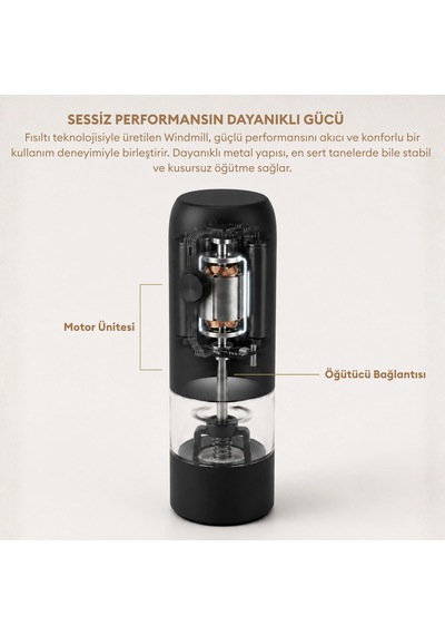 Pizen Windmill Usb Şarjlı Otomatik Baharat Öğütücü Led Işıklı Ayarlanabilir Tuz Karabiber Değirmeni Siyah