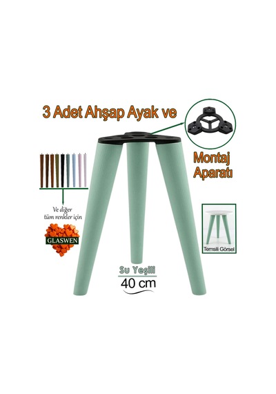 3 Adet Ahşap Ayak 40 Cm Su Yeşili M8 Civatalı Bağlantı Aparatlı Mobilya Tabure Sehpa Masa Destek Ayağı Yeşil