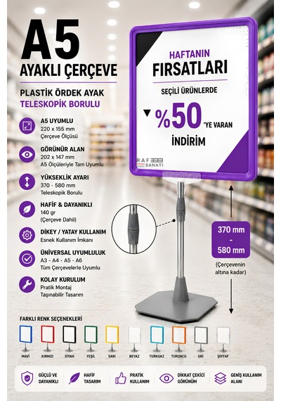 A5 Ayaklı Çerçeve Seti Plastik Ördek Ayak Teleskopik Borulu Fiyat Etiketliği Yönlendirme Levhası Menü Panosu Mor