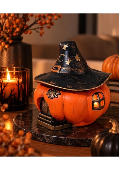 Turuncu Halloween Temalı Kapaklı Balkabağı Büyücü Şapkalı Dekoratif Obje Hediyelik Saklama Kutusu Biblo