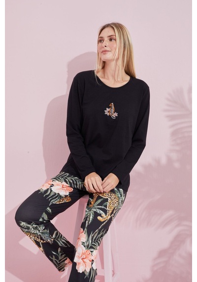 Siyah İnci Pamuklu Örme Pijama Takım 24240176 Siyah