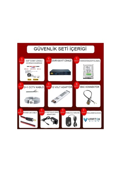 3 Kameralı Full Hd Güvenlik Kamera Seti 250gb Hdd  5mp Gece Renkli Görüşlü - Sabit Ip Gerektirmez