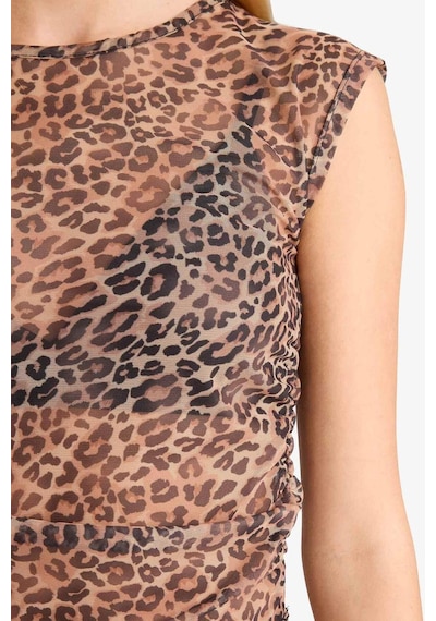 Defacto Coool Fitted Leopar Desenli Tül Kısa Kollu Tişört G1518ax25aubg362 Bej