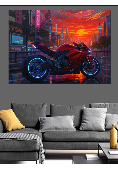 Ahşap Tablo Siberpunk Şehirde Modern Kırmızı Motosiklet