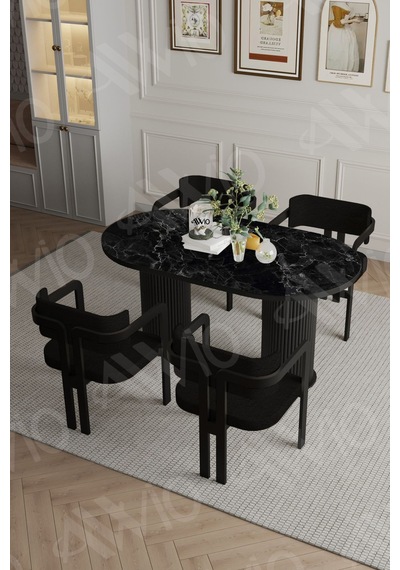 Avvio Marco Ptt Lake Mdf Ayak 4'lü Tokyo Metal Demonte Sandalye 80x140 Masa Sandalye Takımı Siyah Mermer