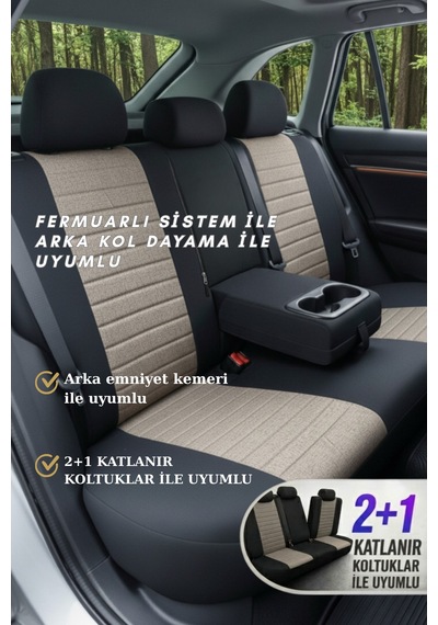 Lifos Serisi Koton Kumaş Universal Oto Koltuk Kılıfı Tam Set Bej